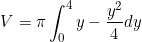 \begin{equation*}V=\pi \int_0^4 y-\frac{y^2}{4} dy\end{equation}