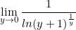 \begin{equation*}\lim_{\limits{y \to 0}}\frac{1}{ln(y+1)^{\frac{1}{y}}}\end{equation*}