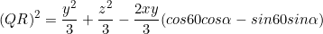 \[(QR)^2=\frac{y^2}{3}+\frac{z^2}{3}-\frac{2xy}{3}(cos60cos\alpha-sin60sin\alpha)\]