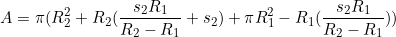 \begin{equation*}A=\pi(R_2^2+R_2(\frac{s_2R_1}{R_2-R_1}+s_2)+\pi R_1^2-R_1(\frac{s_2R_1}{R_2-R_1}))\end{equation}