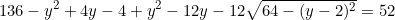 \begin{equation*}136-y^2+4y-4+y^2-12y-12\sqrt{64-(y-2)^2}=52\end{equation}