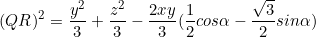 \[(QR)^2=\frac{y^2}{3}+\frac{z^2}{3}-\frac{2xy}{3}(\frac{1}{2}cos\alpha-\frac{\sqrt{3}}{2}sin\alpha)\]