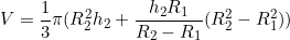 \begin{equation*}V=\frac{1}{3} \pi (R_2^2h_2+\frac{h_2R_1}{R_2-R_1}(R_2^2-R_1^2))\end{equation}