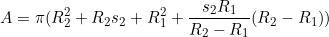 \begin{equation*}A=\pi(R_2^2+R_2s_2+R_1^2+\frac{s_2R_1}{R_2-R_1}(R_2-R_1))\end{equation}