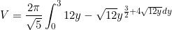 \begin{equation*}V=\frac{2\pi}{\sqrt{5}}\int_0^3 12y-\sqrt{12}y^{\frac{3}{2}+4\sqrt{12y} dy\end{equation}