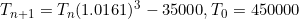 T_{n+1}=T_n(1.0161)^3-35 000, T_0=450 000