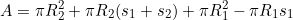 \begin{equation*}A=\pi R_2^2+\pi R_2(s_1+s_2)+ \pi R_1^2- \pi R_1s_1\end{equation*}